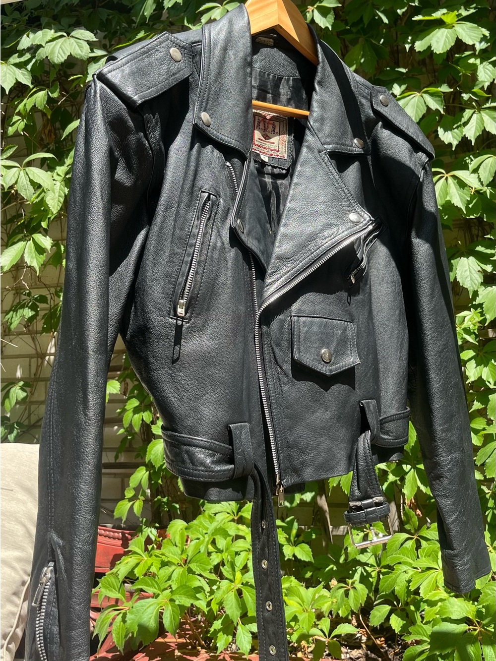 Vintage 90s Black Genuine Leather Belted Biker Jacket | Moto Style (Size M)